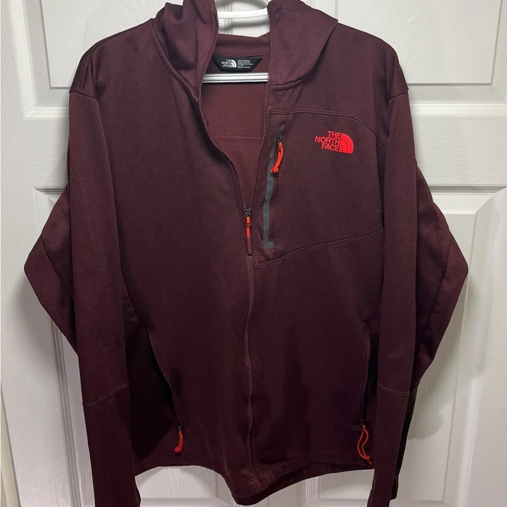 The North Face Men's Maroon Hoodie Jacket with Orange Accents